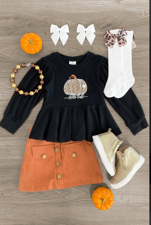 Hello Fall" Black & Rust Corduroy Skirt Set