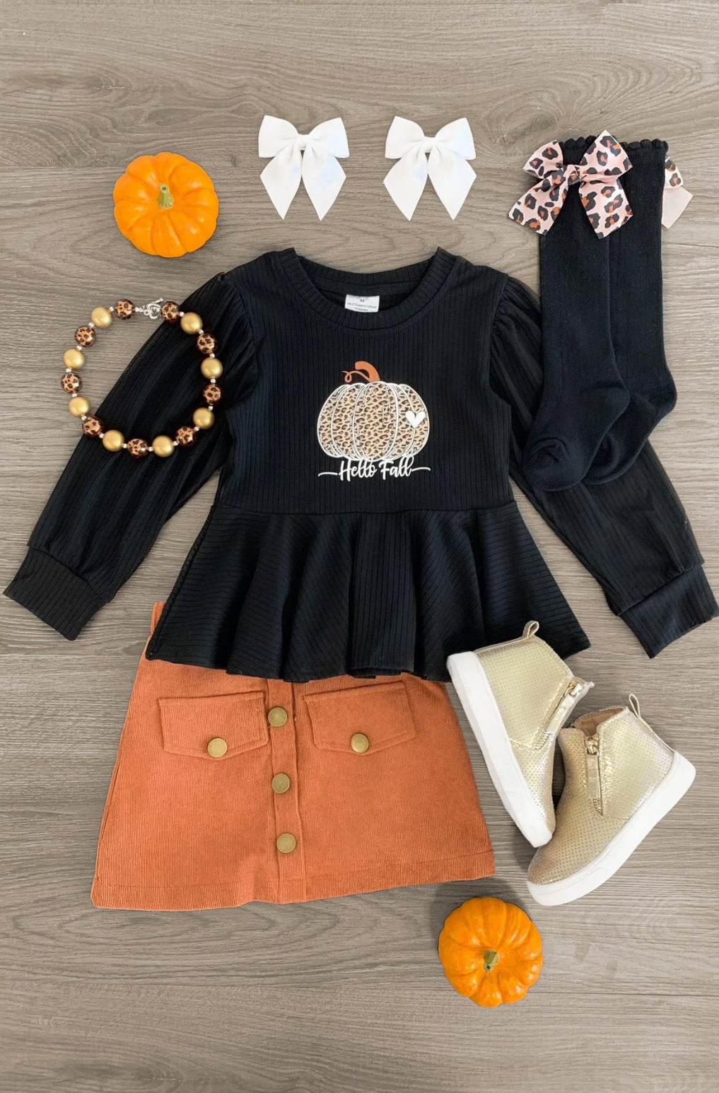 Hello Fall" Black & Rust Corduroy Skirt Set