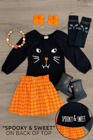 Spooky & Sweet" Black Cat Orange Plaid Skirt Set