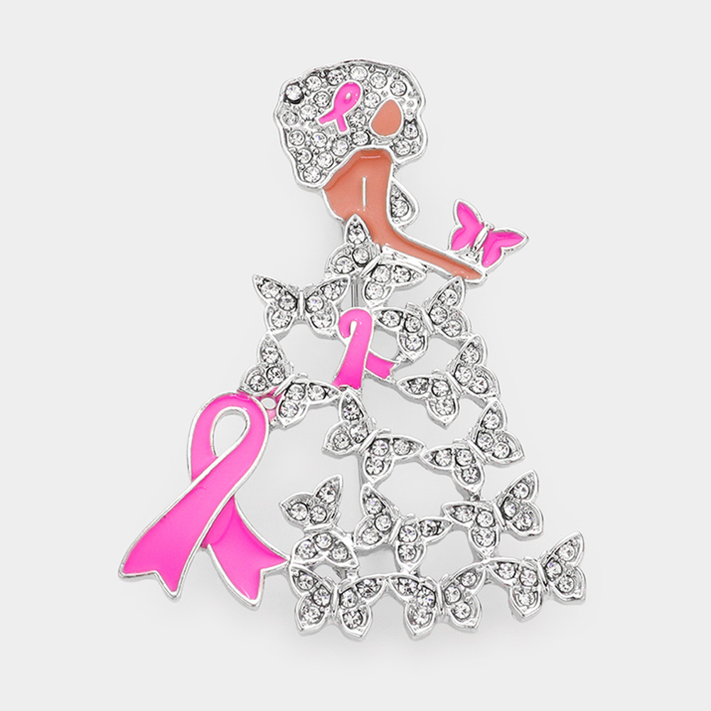 Enamel Metal Pink Ribbon Pointed Butterfly Cluster Dress Afro Girl Pin Brooch