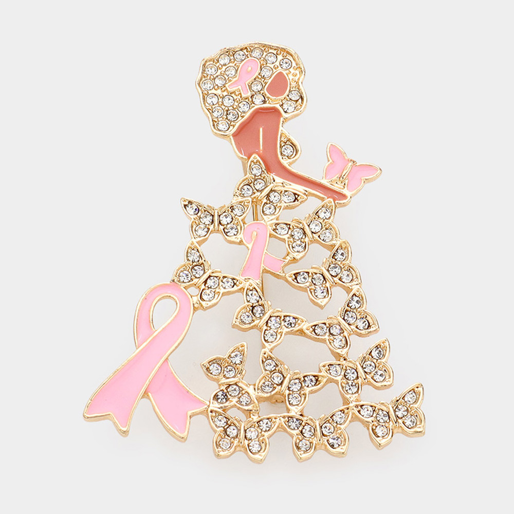 Enamel Metal Pink Ribbon Pointed Butterfly Cluster Dress Afro Girl Pin Brooch