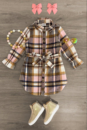 Pink & Brown Plaid Button Flannel Dress