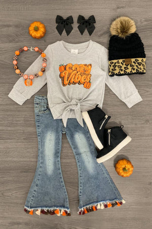 Cozy Vibes Pumpkin Bell Bottom Denim Set