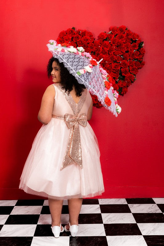 Sequins V Back & Bow Girls Plus Size Dress