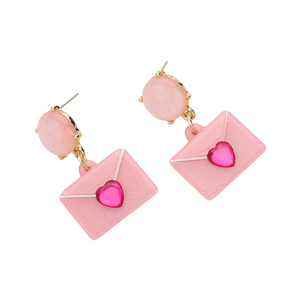 Glittered Resin Heart Envelop Dangle Earrings