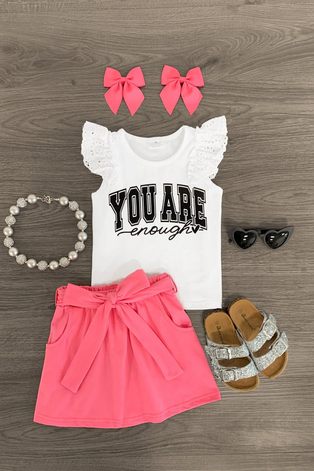 You Are Enough" White & Pink Skirt Set