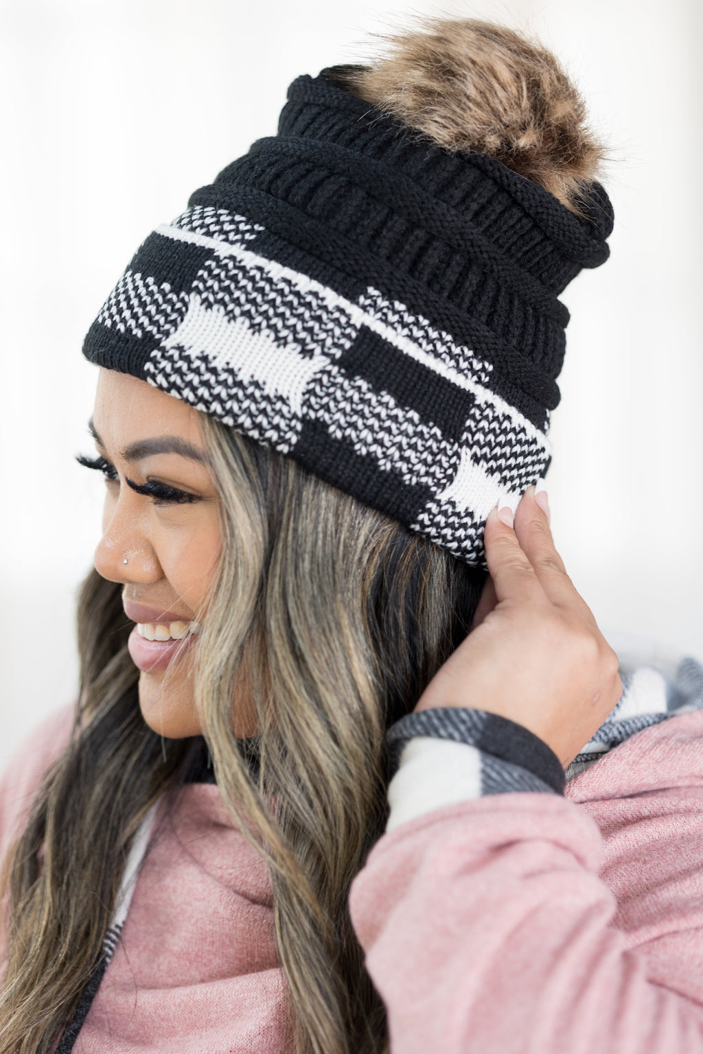 Black Plaid Pom Beanie