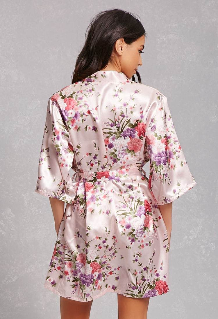 Floral Blush Satin Kimono Robe