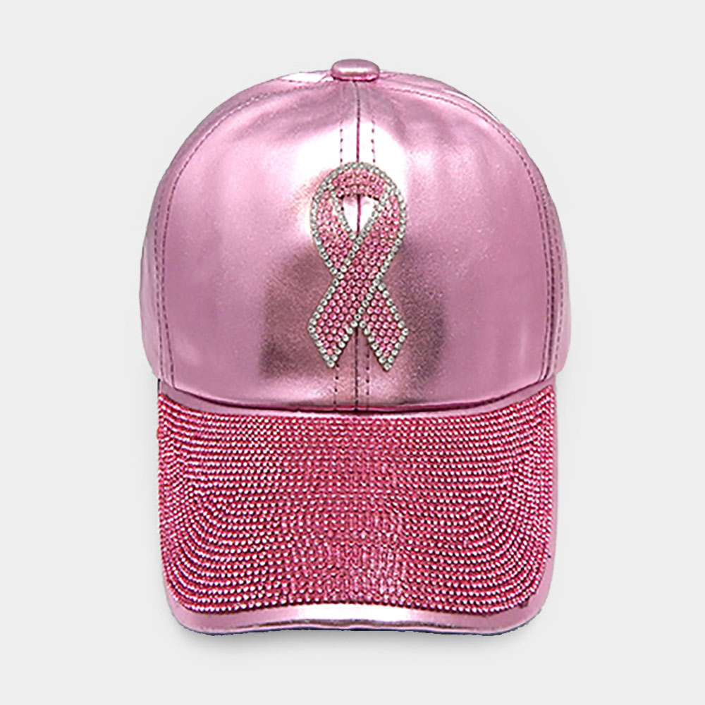 Pink Ribbon Accented Rhinestone Embellished Baseball Cap