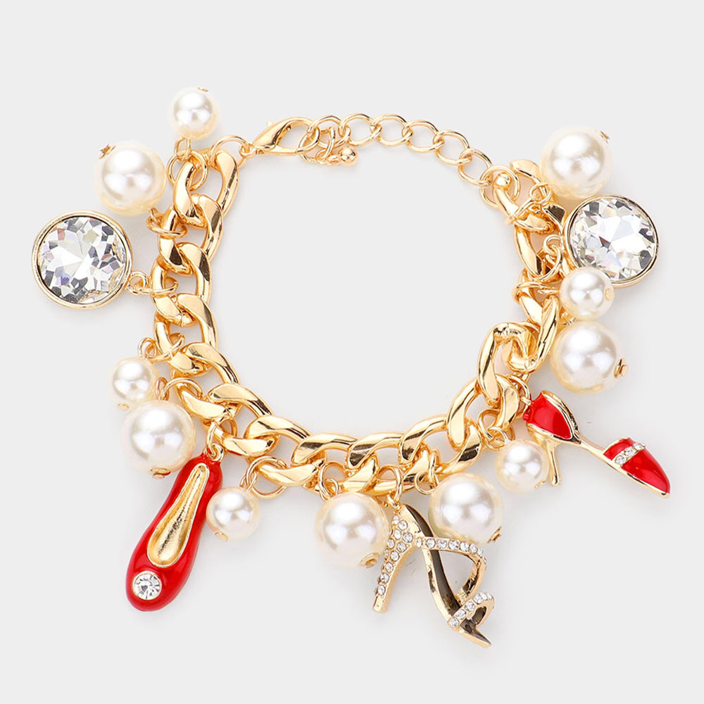 Stiletto Heel Pearl Charm Station Bracelet