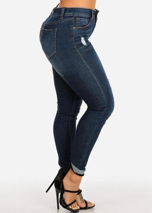 High Waisted Distressed Dark Wash Ankle Skinny Jeans
