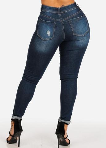 High Waisted Distressed Dark Wash Ankle Skinny Jeans