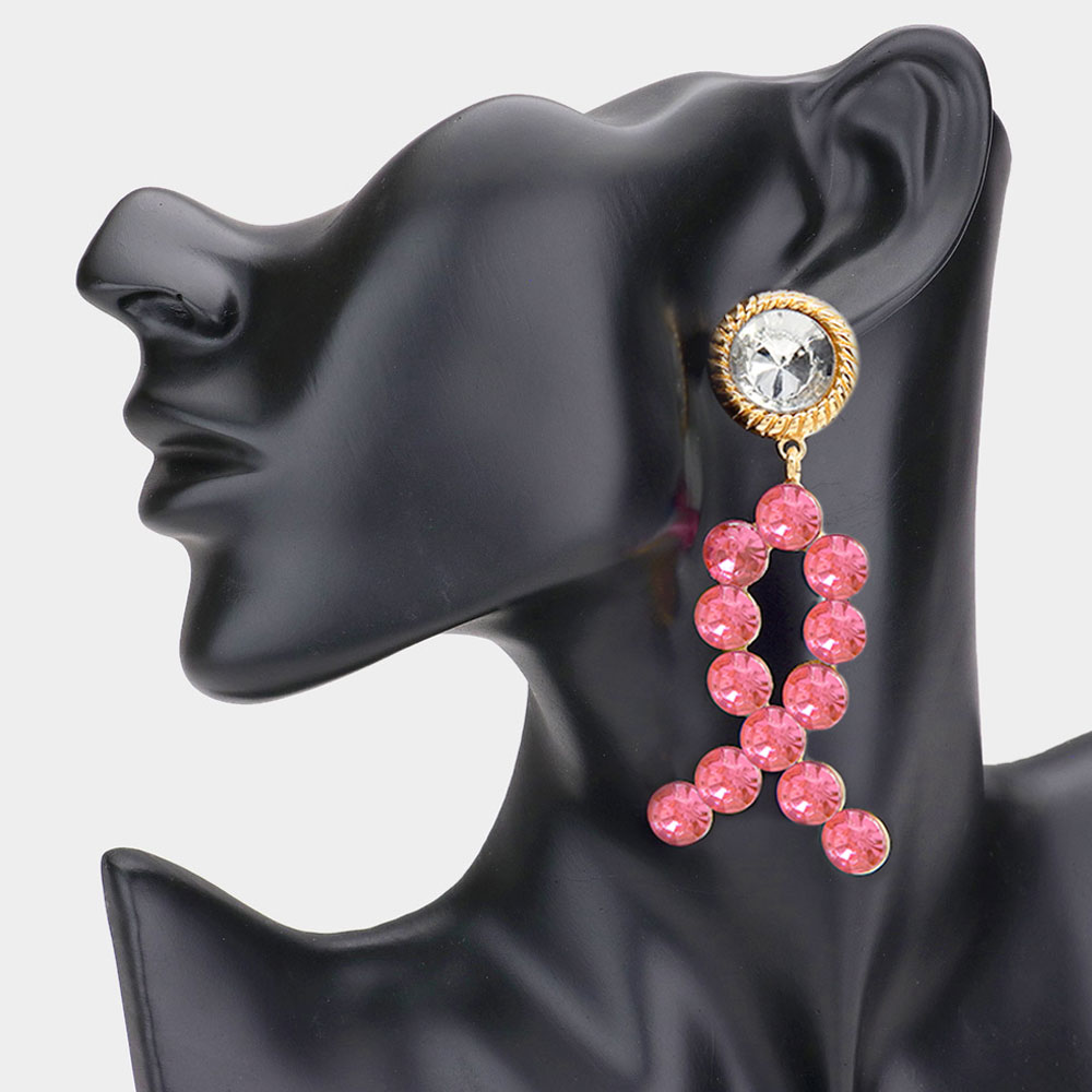 Stone Cluster Accented Pink Ribbon Dangle Earrings