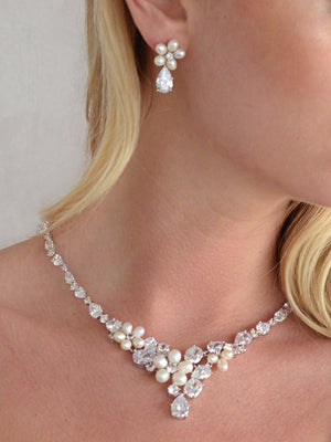 Ravishing Freshwater Pearl and CZ Statement Necklace and Earrings Set
