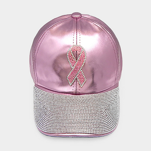 Pink Ribbon Accented Rhinestone Embellished Baseball Cap