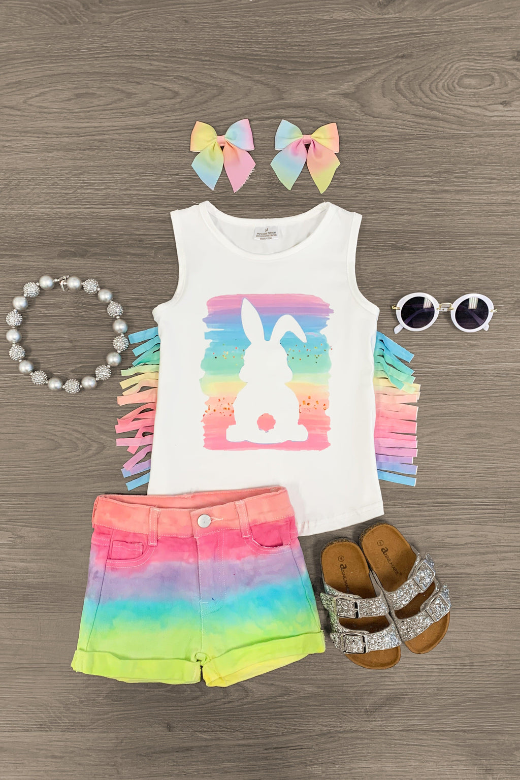 Watercolor Rainbow Bunny Tie Dye Denim Short Set