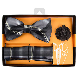 Plaid Banded Bow Tie, Matching Hanky & Lapel Pin Set