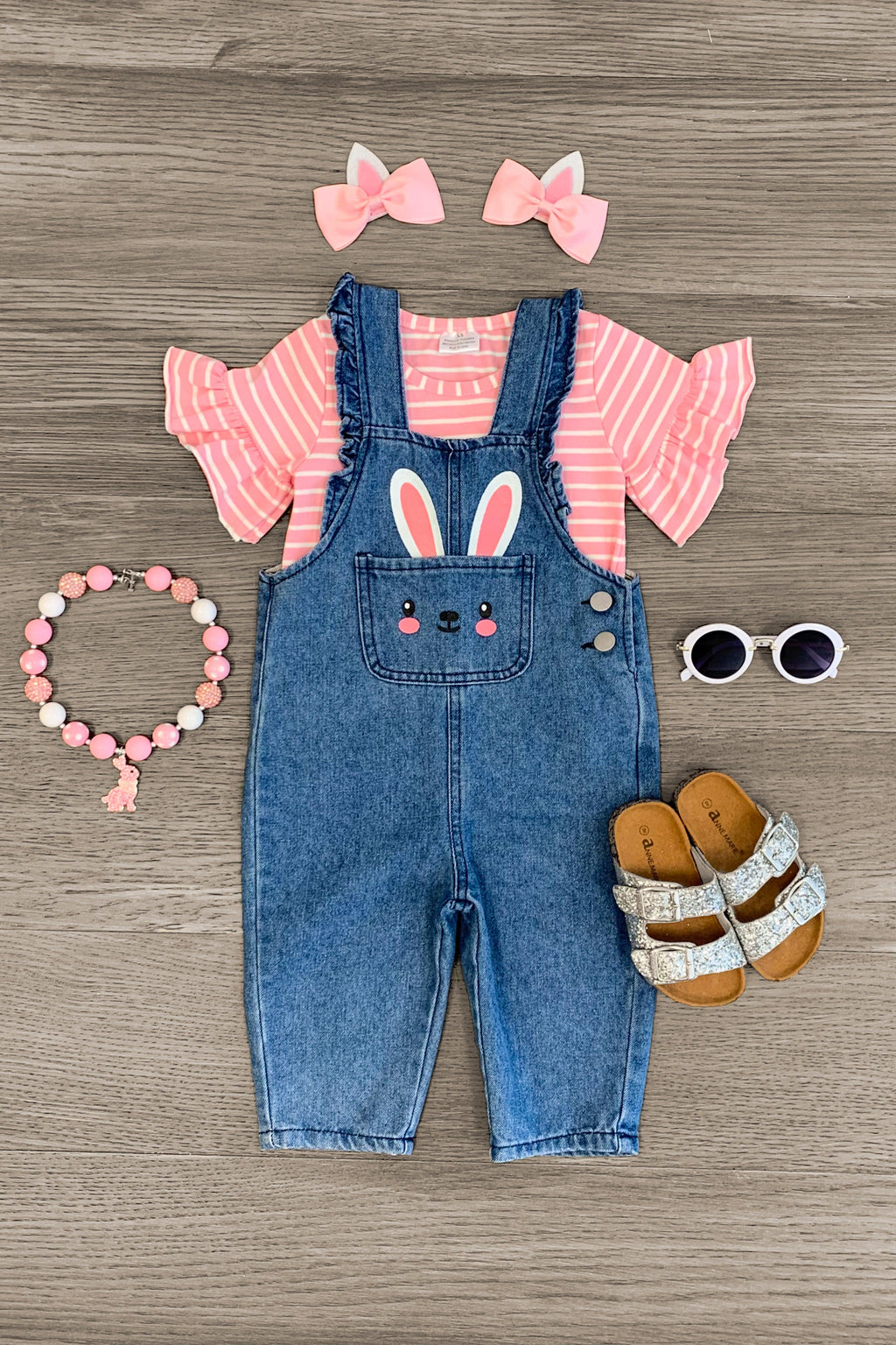 Pink & White Stripe Bunny Overall Set
