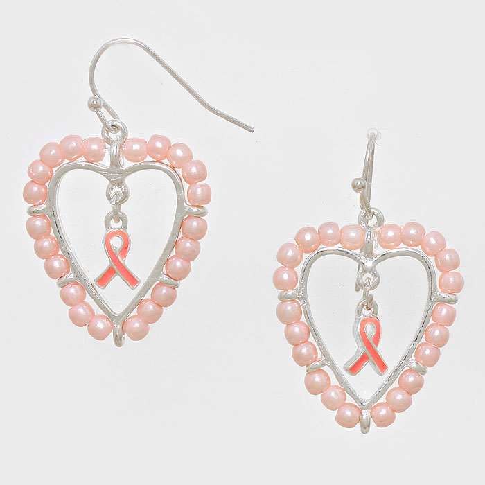 Pearl Heart Pink Ribbon Symbol Dangle Earrings