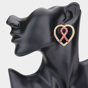 Rhinestone Pave Pink Ribbon Heart Earrings