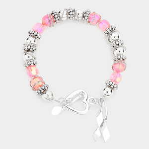 Pink Ribbon Charm Beaded Toggle Bracelet