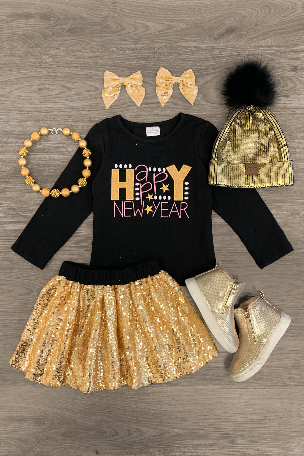 Happy New Year" Gold Sequin Skirt Set
