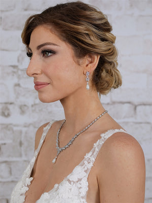 Luxe CZ and Pearl Teardrop Statement Bridal Necklace and Earrings Set in Platinum
