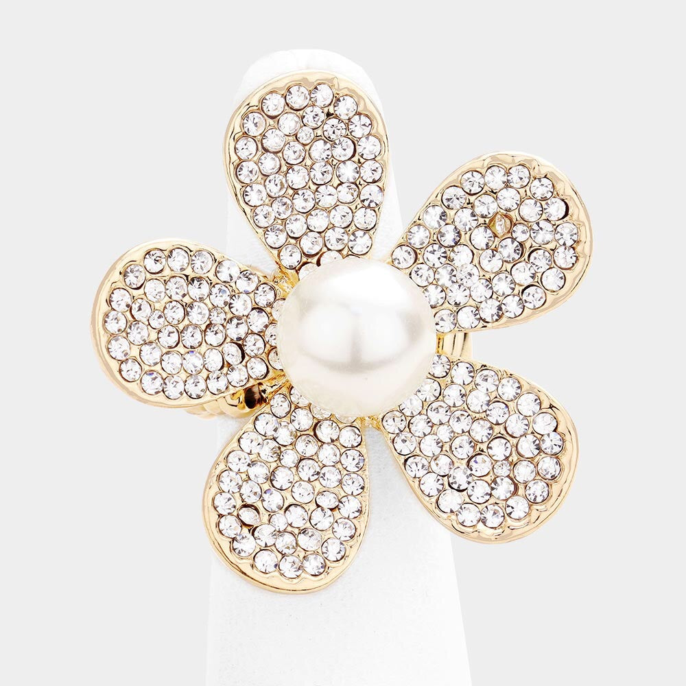 Pearl Rhinestone Pave Flower Stretch Ring