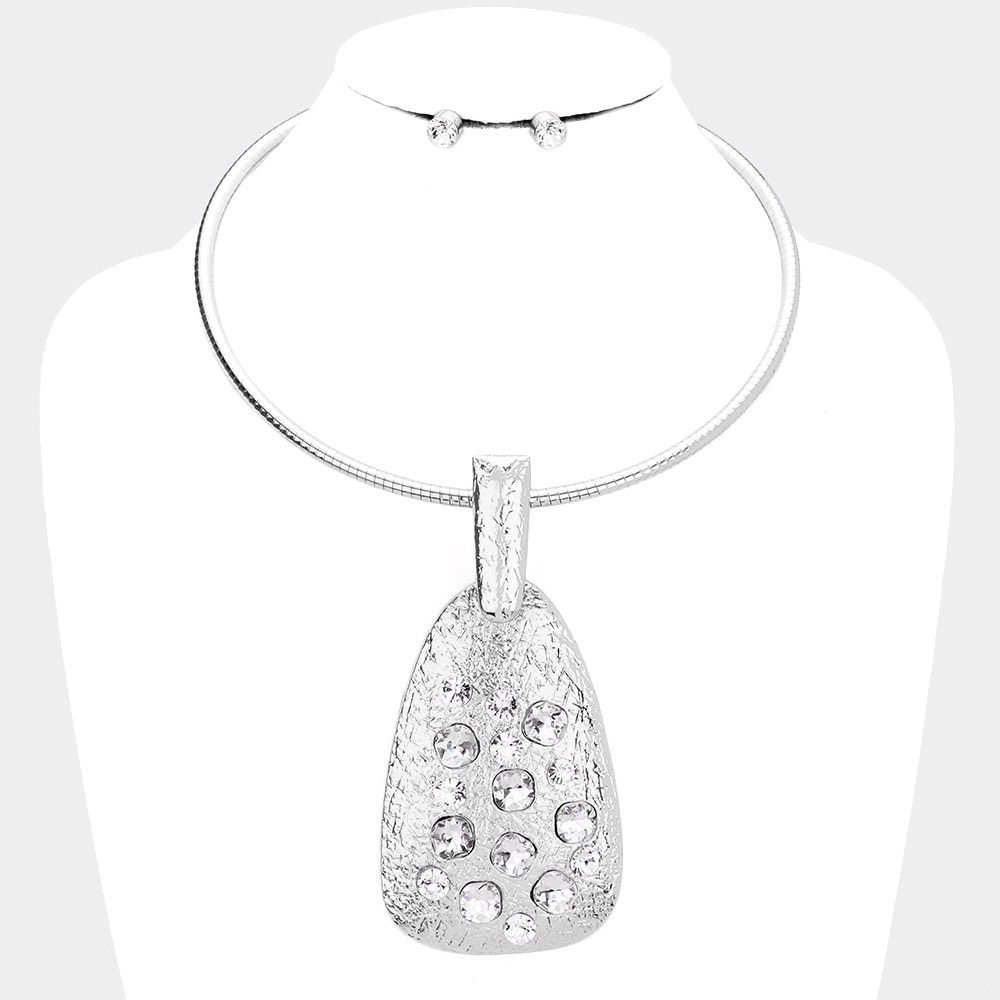 Crystal Textured Metal Decor Bib Collar Necklace
