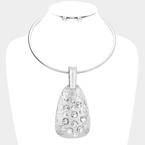 Crystal Textured Metal Decor Bib Collar Necklace