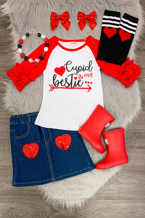 Cupid is My Bestie" Denim Skirt Set