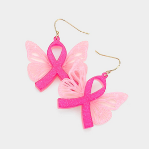 Acetate Butterfly Pink Ribbon Dangle Earrings