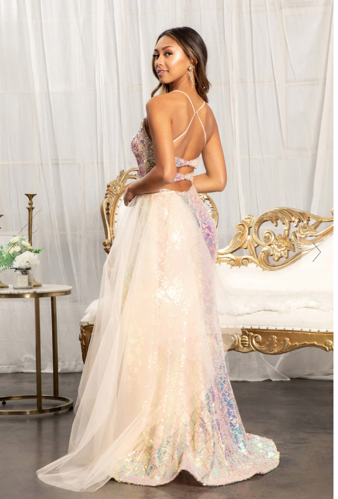 Full Iridescent Sequin Cut-Out Back Long Prom Dress