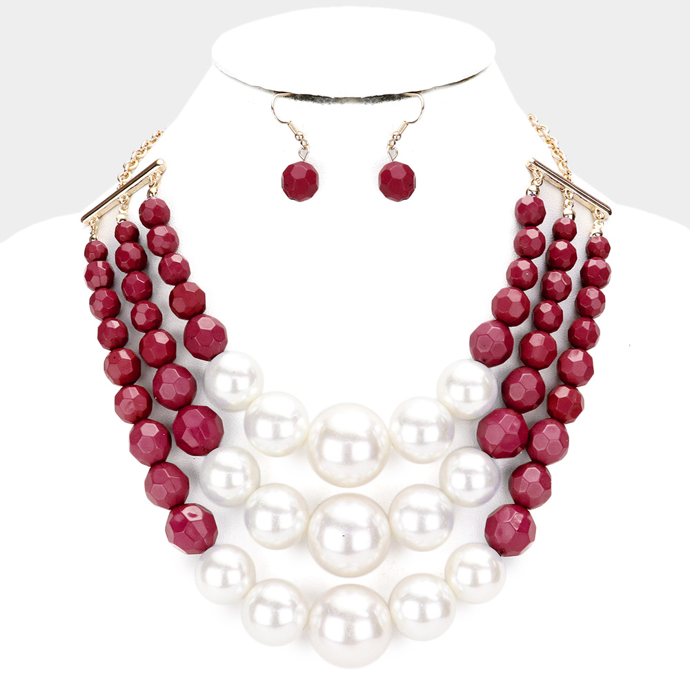 Pearl Faceted Bead Triple Layered Necklace