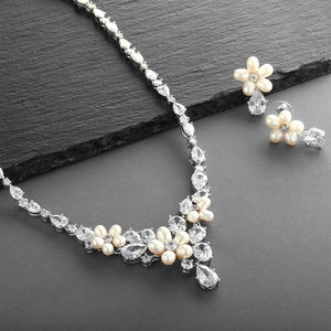 Ravishing Freshwater Pearl and CZ Statement Necklace and Earrings Set