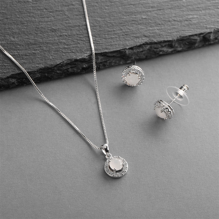 Cubic Zirconia Round Shape Halo Necklace and Stud Earrings Set