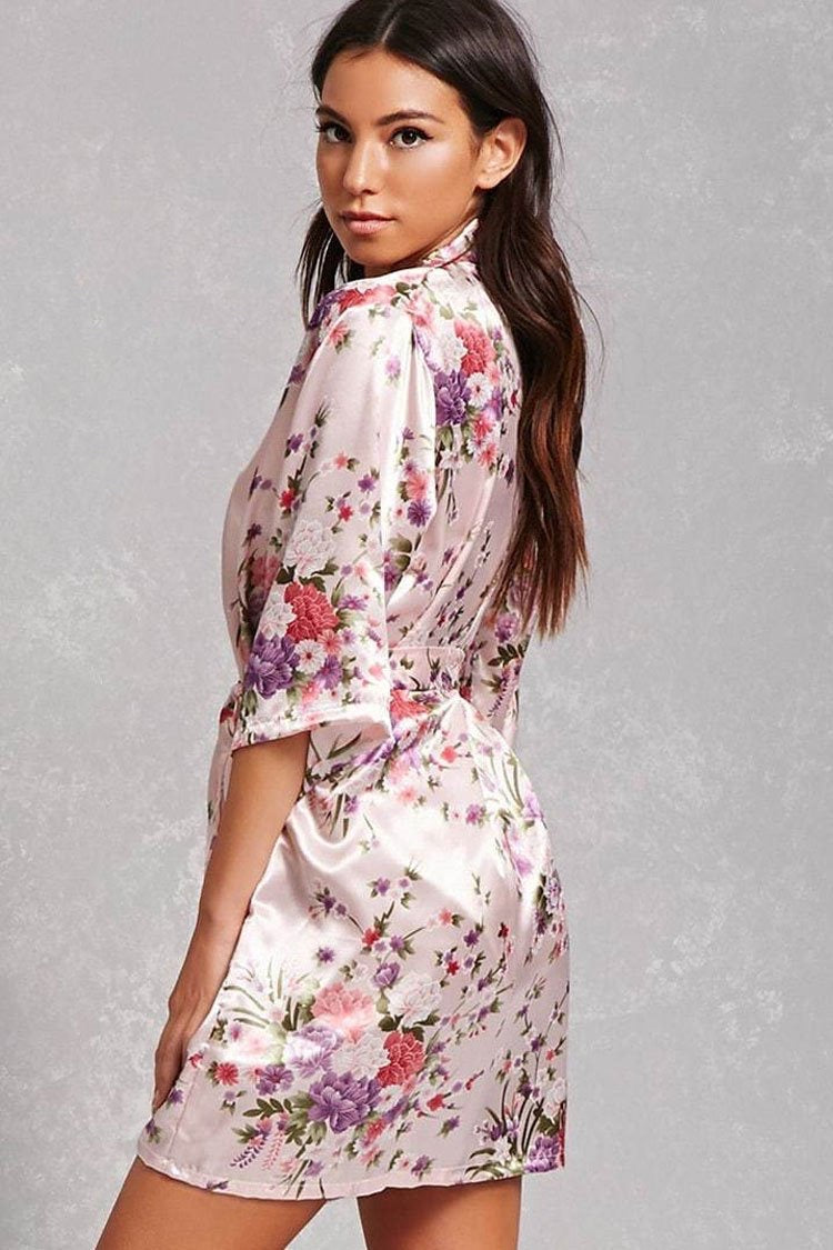 Floral Blush Satin Kimono Robe
