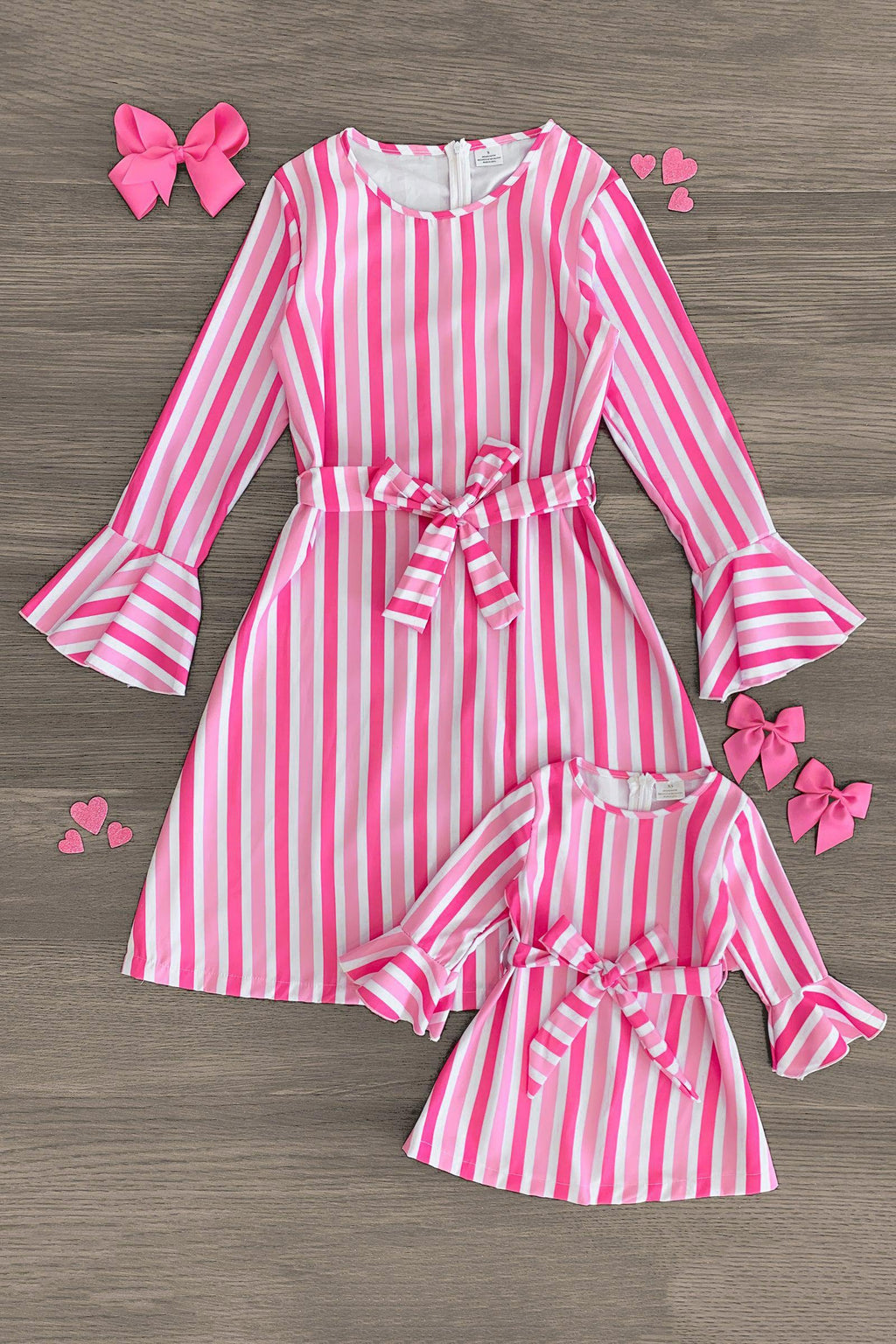 Mom & Me - Pink & White Bell Sleeve Striped Dress