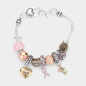 Pink Ribbon Angel Heart Multi Bead Charm Bracelet