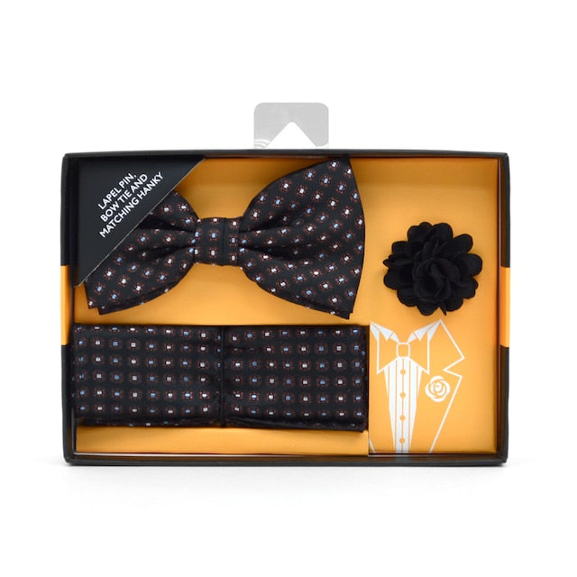 Dotted Banded Bow Tie, Matching Hanky & Black Lapel Pin Set