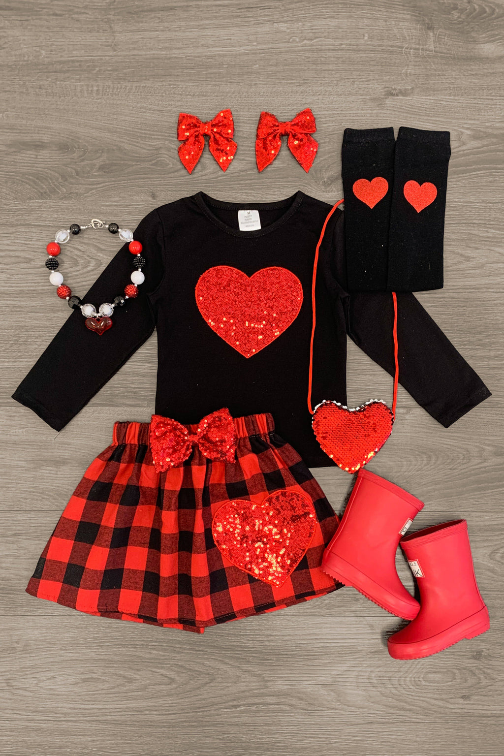 Red Heart Sequin & Plaid Skirt Set