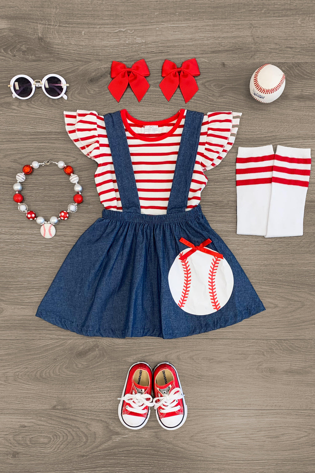 Faux Denim Baseball Suspender Skirt Set