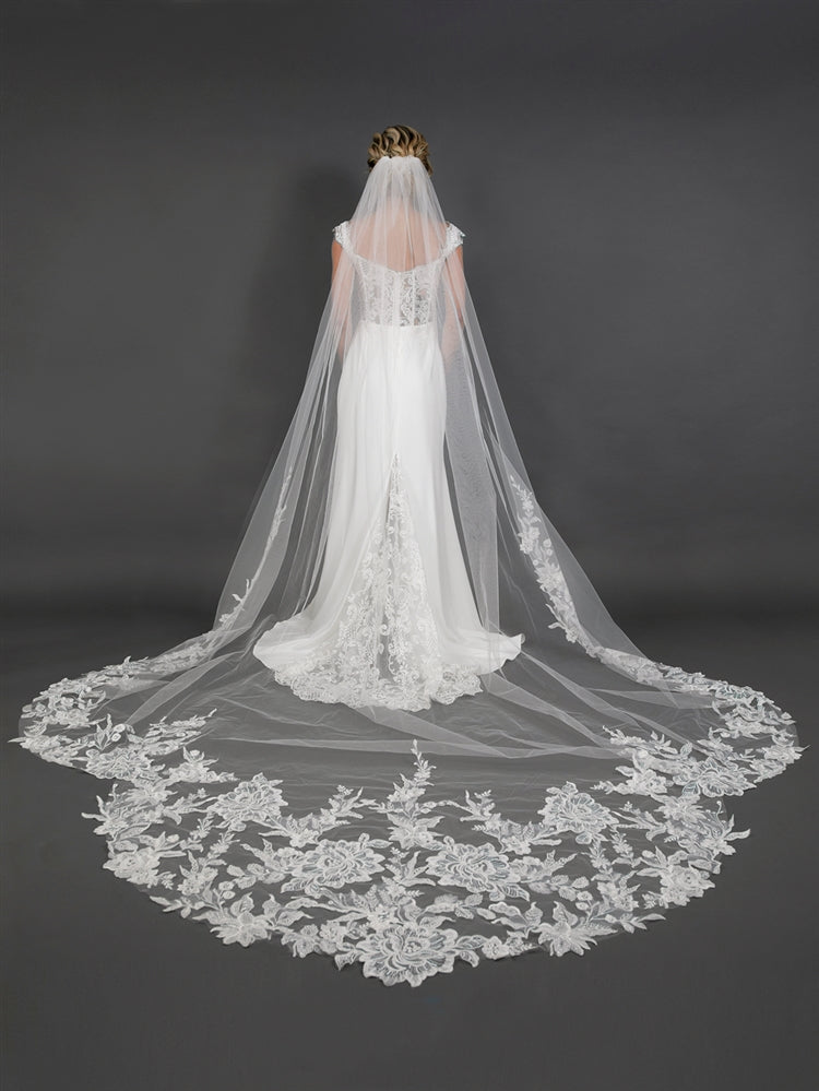120" Long x 108" Extra Wide Royal Cathedral Bridal Veil with Crystal & Sequin Lace Appliqué