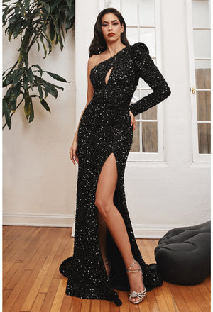 ONE SHOULDER LONG SLEEVE FITTED SEQUIN GOWN