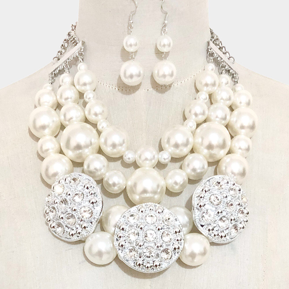 Stone Embellished Triple Round Pearl Bib Statement Necklace