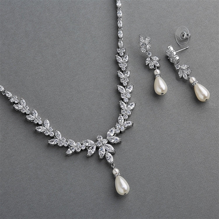 Luxe CZ and Pearl Teardrop Statement Bridal Necklace and Earrings Set in Platinum
