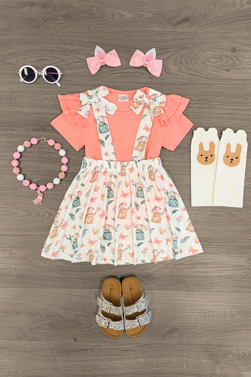 Bunnies & Floral Suspender Skirt Set