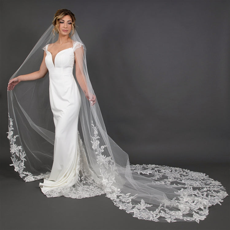 120" Long x 108" Extra Wide Royal Cathedral Bridal Veil with Crystal & Sequin Lace Appliqué