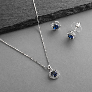 Cubic Zirconia Round Shape Halo Necklace and Stud Earrings Set