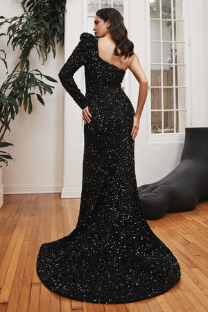 ONE SHOULDER LONG SLEEVE FITTED SEQUIN GOWN